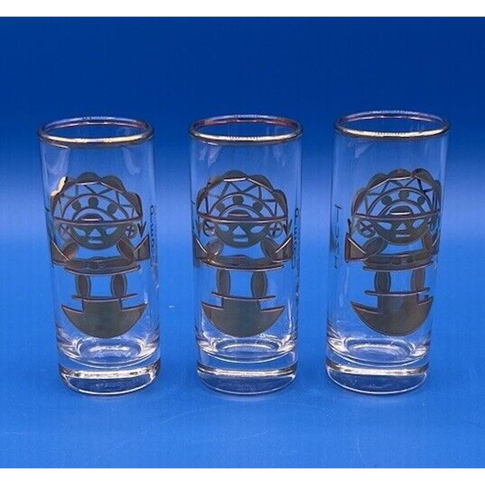 Vintage Inca Sun God Gold Shot‎ Glasses - Peruvian Artesania Tabuisa Lot Of 3